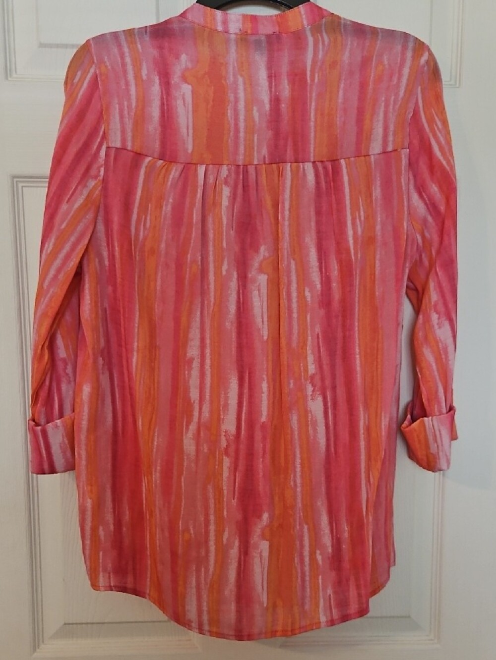Ava & Grace Pink and Orange Watercolor Stripe Roll-Tab Tunic Shirt - Picture 7 of 7